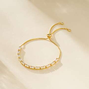 KissYan Tennis Bracelet for Women, 14K Gold Plated Cubic Zirconia Adjustable Slider Bracelets Classic Trendy Jewelry Gift(White)