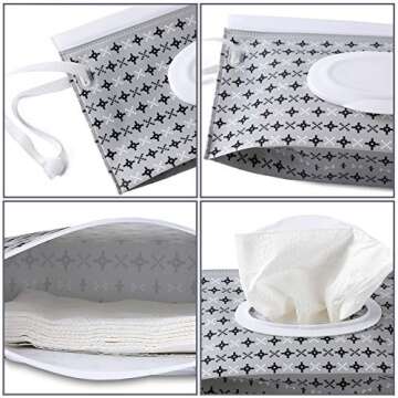 FEBSNOW 4 Pack Baby Wipe Dispenser, Portable Refillable Wipe Holder, Baby Wipes Container, Wipe Dispenser, Reusable Travel Wet Wipe Pouch (Geometric)