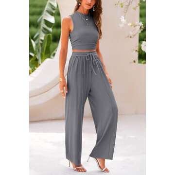PRETTYGARDEN Women's Summer 2 Piece Outfits Ribbed Knit Lounge Sets Tracksuit Sleeveless Crop Tank Tops Wide Leg Casual Pants (Grey,XX-Large)