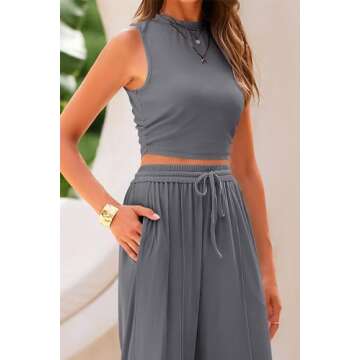 PRETTYGARDEN Women's Summer 2 Piece Outfits Ribbed Knit Lounge Sets Tracksuit Sleeveless Crop Tank Tops Wide Leg Casual Pants (Grey,XX-Large)