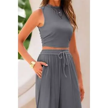 PRETTYGARDEN Women's Summer 2 Piece Outfits Ribbed Knit Lounge Sets Tracksuit Sleeveless Crop Tank Tops Wide Leg Casual Pants (Grey,XX-Large)
