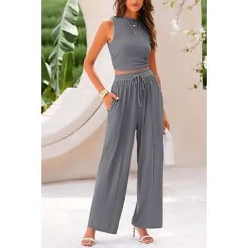 PRETTYGARDEN Women's Summer 2 Piece Outfits Ribbed Knit Lounge Sets Tracksuit Sleeveless Crop Tank Tops Wide Leg Casual Pants (Grey,XX-Large)
