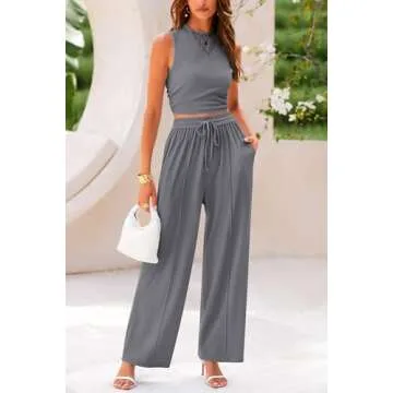 PRETTYGARDEN Women's Summer 2 Piece Outfits Ribbed Knit Lounge Sets Tracksuit Sleeveless Crop Tank Tops Wide Leg Casual Pants (Grey,XX-Large)