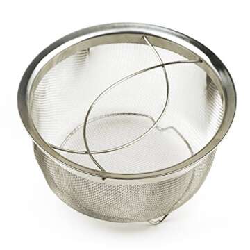RSVP International Mesh Colander Strainer Basket with Folding Handles, 3 Quarts | For Pasta, Frying, & Salads | Dishwasher Safe | Use in Pressure Cookers | Steaming, Draining & Rinsing