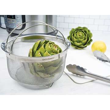 RSVP International Mesh Colander Strainer Basket with Folding Handles, 3 Quarts | For Pasta, Frying, & Salads | Dishwasher Safe | Use in Pressure Cookers | Steaming, Draining & Rinsing