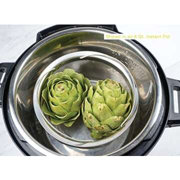 RSVP International Mesh Colander Strainer Basket with Folding Handles, 3 Quarts | For Pasta, Frying, & Salads | Dishwasher Safe | Use in Pressure Cookers | Steaming, Draining & Rinsing