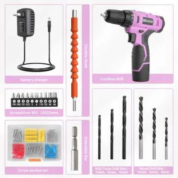 FADAKWALT Cordless Drill Set, 12V Power Drill Set with Battery and Charger, 3/8'' Keyless Chuck, 21+1 Torque Setting, 180 inch-lbs, Pink Electric Drill for Women's Garden DIY Projects（Pink)