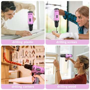 FADAKWALT Cordless Drill Set, 12V Power Drill Set with Battery and Charger, 3/8'' Keyless Chuck, 21+1 Torque Setting, 180 inch-lbs, Pink Electric Drill for Women's Garden DIY Projects（Pink)