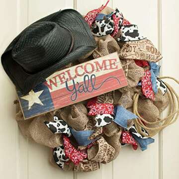 Texas Flag Welcome Y'all Sign - Rustic Wooden Door Decor for Home & Kitchen