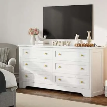 LIKIMIO 59" Dresser for Bedroom, 6 Drawer Dressers with Charging Station, White Dresser for 65" TV, Long Dresser for Closet, Bedroom, Hallway