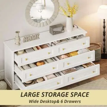 LIKIMIO 59" Dresser for Bedroom, 6 Drawer Dressers with Charging Station, White Dresser for 65" TV, Long Dresser for Closet, Bedroom, Hallway