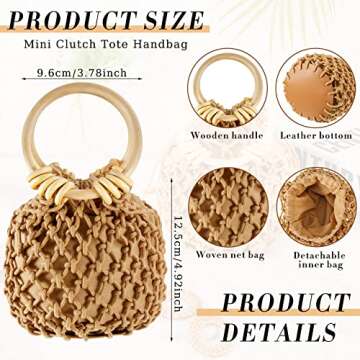 Sweetude Mini Clutch Tote Handbag 2 Pairs Rattan Earrings for Women Bucket Drawstring Handbag Bohemian Woven Clutch(Coffee)