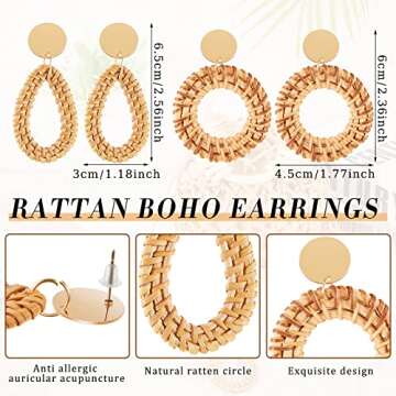 Sweetude Mini Clutch Tote Handbag 2 Pairs Rattan Earrings for Women Bucket Drawstring Handbag Bohemian Woven Clutch(Coffee)