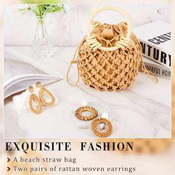 Sweetude Mini Clutch Tote Handbag 2 Pairs Rattan Earrings for Women Bucket Drawstring Handbag Bohemian Woven Clutch(Coffee)