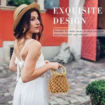 Sweetude Mini Clutch Tote Handbag 2 Pairs Rattan Earrings for Women Bucket Drawstring Handbag Bohemian Woven Clutch(Coffee)