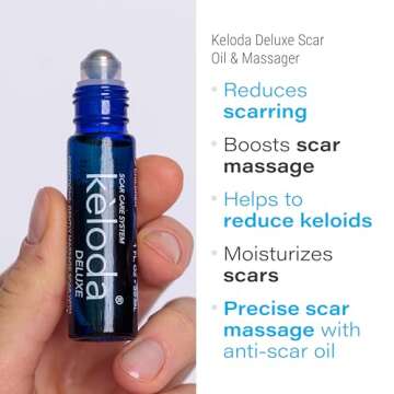 KELODA Deluxe Scar & Keloid Removal Oil & Massager, 0.33 oz | For Treatment of Surgical Scars and Piercing Keloids, Acne, Burns | With Coconut, Shea, Turmeric, Lavender, Helichrysum Oils and Vitamin E