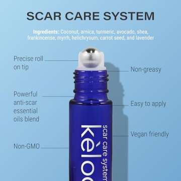 KELODA Deluxe Scar & Keloid Removal Oil & Massager, 0.33 oz | For Treatment of Surgical Scars and Piercing Keloids, Acne, Burns | With Coconut, Shea, Turmeric, Lavender, Helichrysum Oils and Vitamin E