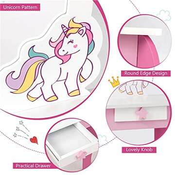 Costzon Kids Vanity Set with Mirror, 2 in 1 Wooden Princess Makeup Dressing Table with Detachable Top, Toddler Girls Vanity with Drawer & Stool, Pretend Play Vanity Set for Little Girls, Pink