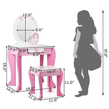 Costzon Kids Vanity Set with Mirror, 2 in 1 Wooden Princess Makeup Dressing Table with Detachable Top, Toddler Girls Vanity with Drawer & Stool, Pretend Play Vanity Set for Little Girls, Pink