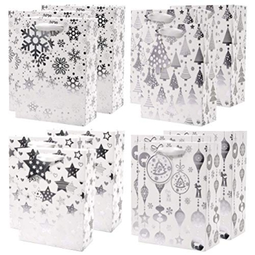 UNIQOOO 12Pcs Metallic Silver Christmas Gift Bags Bulk, M 9.25 x 7 Inch, Xmas Gift Wrap Bags Assorte...