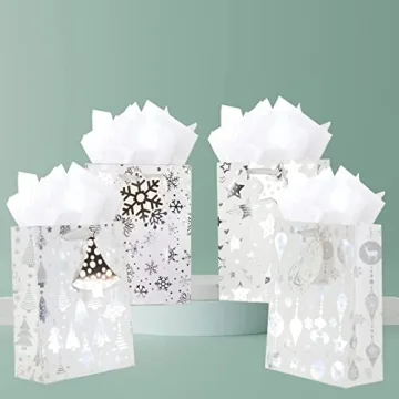 UNIQOOO Metallic Silver Christmas Gift Bags - 12Pcs Assorted