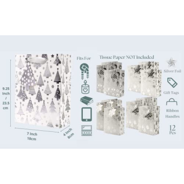UNIQOOO Metallic Silver Christmas Gift Bags - 12Pcs Assorted