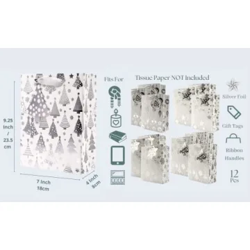 UNIQOOO Metallic Silver Christmas Gift Bags - 12Pcs Assorted