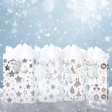 UNIQOOO Metallic Silver Christmas Gift Bags - 12Pcs Assorted