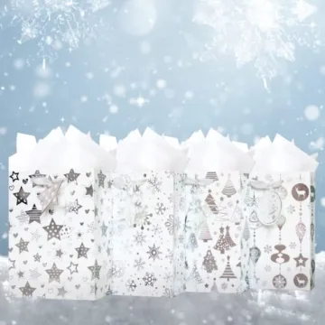 UNIQOOO Metallic Silver Christmas Gift Bags - 12Pcs Assorted