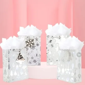 UNIQOOO Metallic Silver Christmas Gift Bags - 12Pcs Assorted