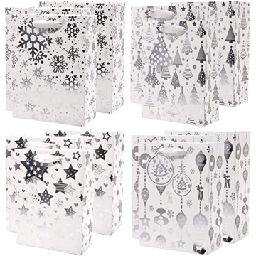 UNIQOOO Metallic Silver Christmas Gift Bags - 12Pcs Assorted