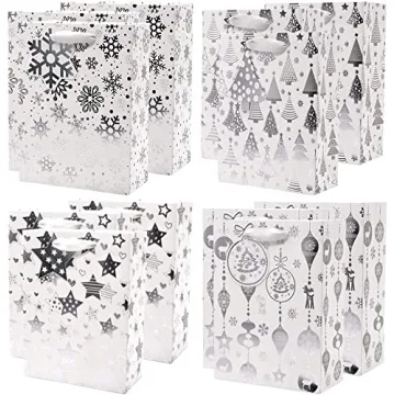 UNIQOOO Metallic Silver Christmas Gift Bags - 12Pcs Assorted