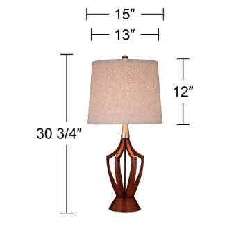 360 Lighting St. Claire Mid Century Modern Table Lamp 30 3/4" Tall Wood Brown Open Vase Taupe Fabric Drum Shade for Bedroom Living Room House Bedside Nightstand Home Office Entryway Family