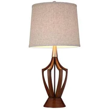 360 Lighting St. Claire Mid Century Modern Table Lamp 30 3/4" Tall Wood Brown Open Vase Taupe Fabric Drum Shade for Bedroom Living Room House Bedside Nightstand Home Office Entryway Family