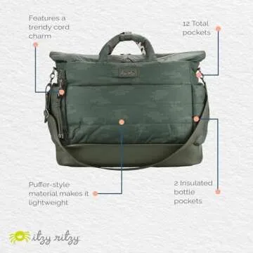 Itzy Ritzy Dream Weekender Travel Bag - Lightweight Overnight & Hospital Bag Features Base Compartment, 12 Pockets including 2 Insulated Bottle Pockets & Luggage Attachment (Cloud Camo)