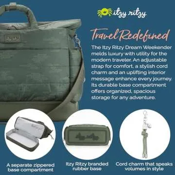 Itzy Ritzy Dream Weekender Travel Bag - Lightweight Overnight & Hospital Bag Features Base Compartment, 12 Pockets including 2 Insulated Bottle Pockets & Luggage Attachment (Cloud Camo)