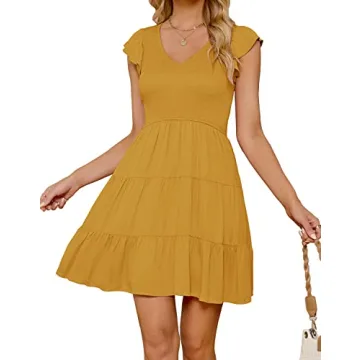 ZESICA Women's Summer Casual V Neck Flutter Sleeve Bohemian Ruffle Smocked A Line Swing Mini Dress,G...