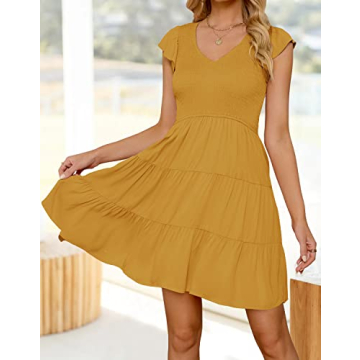 ZESICA Bohemian Ruffle Smocked Summer Mini Dress for Women