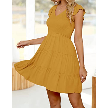 ZESICA Bohemian Ruffle Smocked Summer Mini Dress for Women