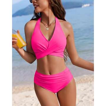 AI'MAGE Womens High Waisted Bikini Sets Tummy Control Bathing Suits Halter Two Piece Swimsuit Modest Bikini 2025 Hot Pink M