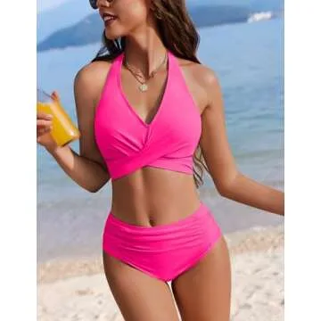AI'MAGE Womens High Waisted Bikini Sets Tummy Control Bathing Suits Halter Two Piece Swimsuit Modest Bikini 2025 Hot Pink M