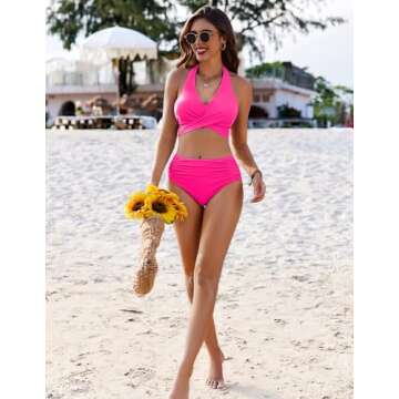 AI'MAGE Womens High Waisted Bikini Sets Tummy Control Bathing Suits Halter Two Piece Swimsuit Modest Bikini 2025 Hot Pink M