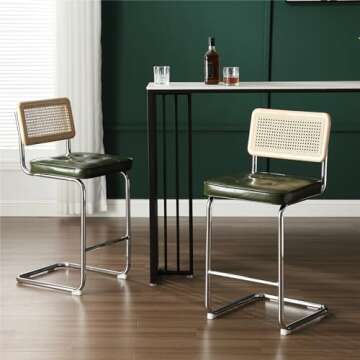 ONEVOG Green Rattan Bar Stool, 24 Inch Counter Height Bar Chairs with Natural Cane Back, Leather Counter Seats, Solid Wood Frame, Chrome Legs, Upholstered Stools Cantilevered Design
