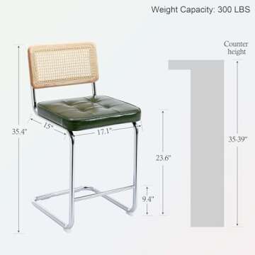ONEVOG Green Rattan Bar Stool, 24 Inch Counter Height Bar Chairs with Natural Cane Back, Leather Counter Seats, Solid Wood Frame, Chrome Legs, Upholstered Stools Cantilevered Design
