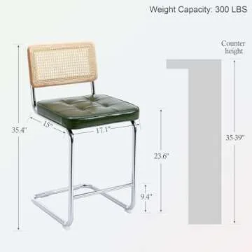 ONEVOG Green Rattan Bar Stool, 24 Inch Counter Height Bar Chairs with Natural Cane Back, Leather Counter Seats, Solid Wood Frame, Chrome Legs, Upholstered Stools Cantilevered Design