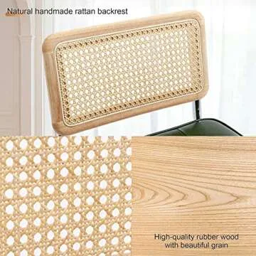 ONEVOG Green Rattan Bar Stool, 24 Inch Counter Height Bar Chairs with Natural Cane Back, Leather Counter Seats, Solid Wood Frame, Chrome Legs, Upholstered Stools Cantilevered Design