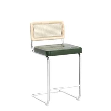 ONEVOG Green Rattan Bar Stool, 24 Inch Counter Height Bar Chairs with Natural Cane Back, Leather Counter Seats, Solid Wood Frame, Chrome Legs, Upholstered Stools Cantilevered Design