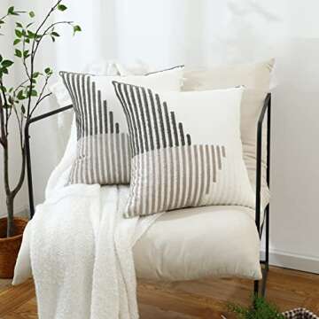 Oirpro Neutral Boho Throw Pillow Covers 18x18 Pack of 2 Modern Striped Patchwork Farmhouse Pillow Co...