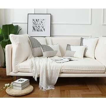 Oirpro Neutral Boho Throw Pillow Covers 18x18 Pack of 2 Modern Striped Patchwork Farmhouse Pillow Covers Decorative for Couch Sofa Bed Outdoor Grey and White Pillow Covers