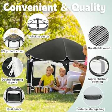 Baby Playpen with UV Canopy, Portable 1-Click Set Up Baby Tent, Toddler Play Yard for Indoor, Outdoor, Foldable Playpen for Beach, Camping, Home, Lightweight Versatile Toddler Tent, with Travel Bag